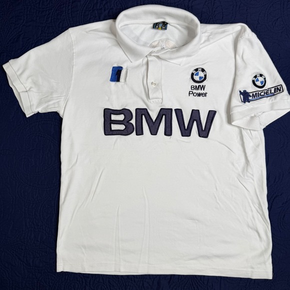 BMW Power Racing Polo Shirt‎ Mens Large White Michelin Embroidered Short Sleeve